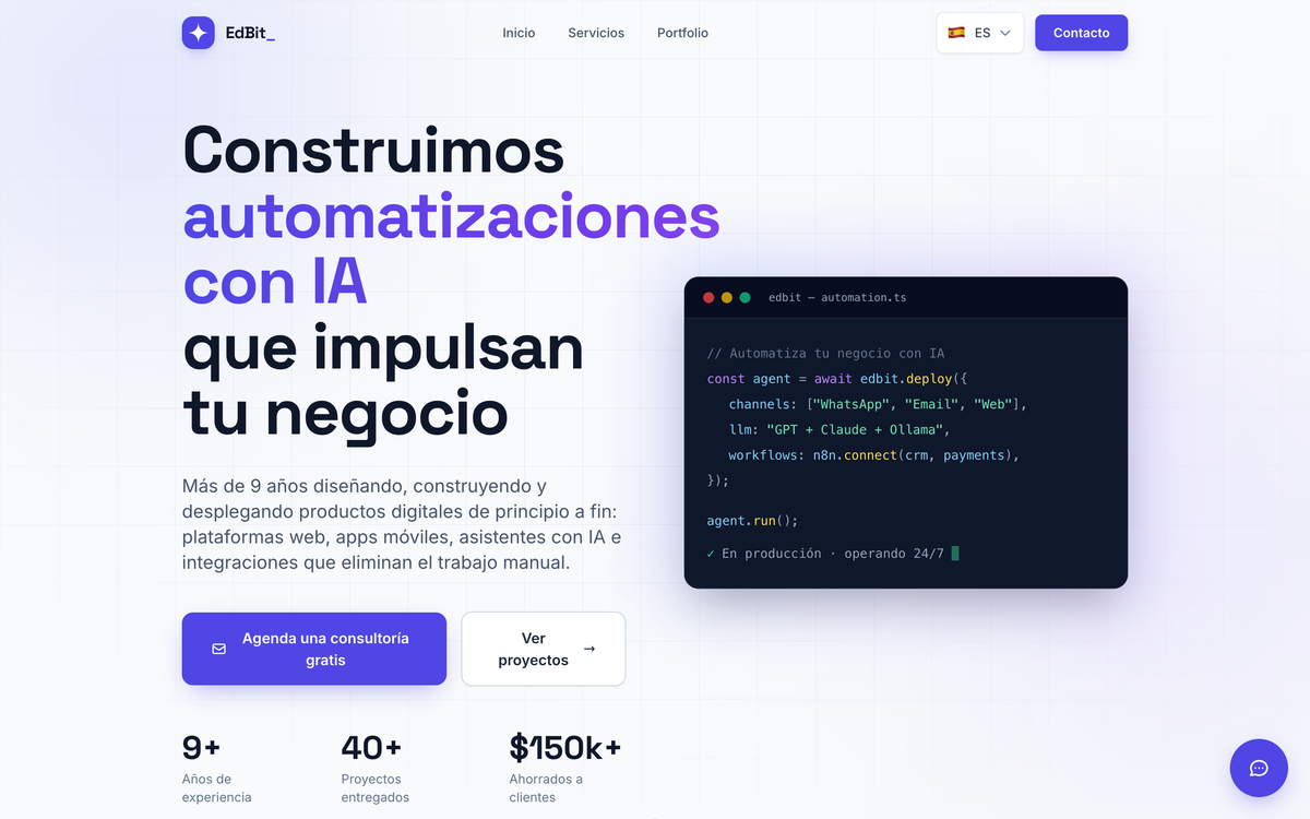 Captura de EdBit Solutions mostrando el hero con terminal de automatización con IA