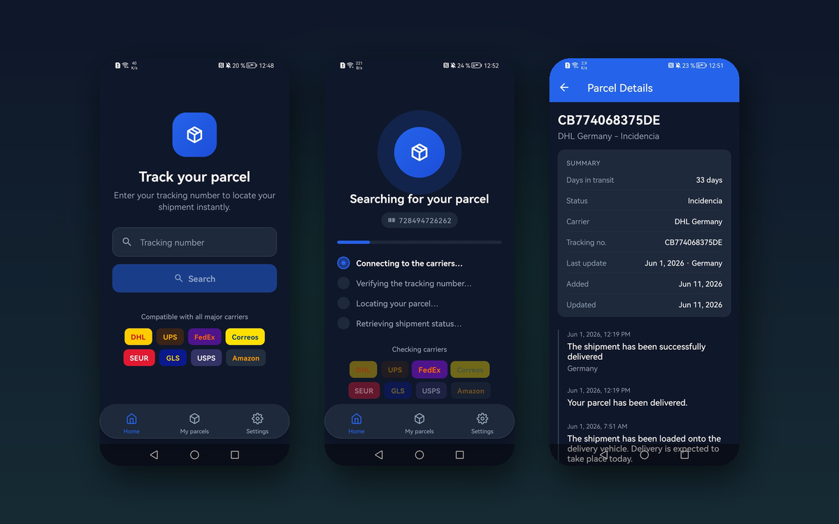 Tres pantallas de la app LocMyParcel: búsqueda, rastreo en curso y detalles del paquete