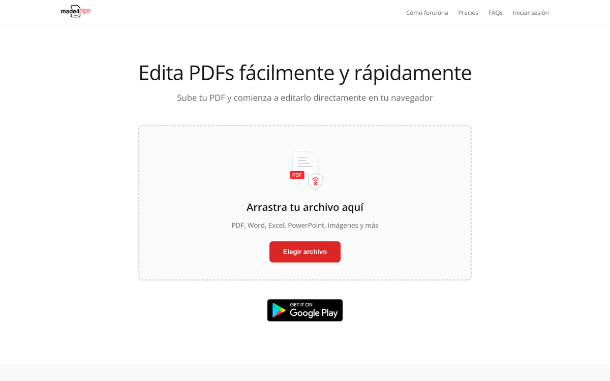 Captura de Made4PDF mostrando el área para subir y editar documentos PDF